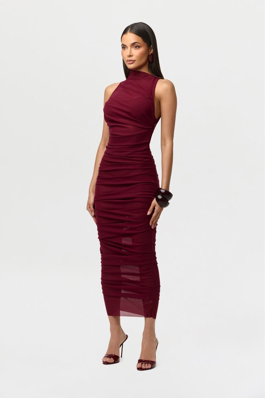 Medium NWT Naked Wardrobe Mesh Asymmetric Pleated Midi Dress Red Sangria Ruched